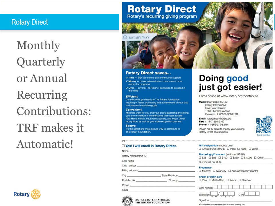 TITLE | 8 Rotary Direct Monthly Quarterly or Annual Recurring Contributions: TRF makes it Automatic!