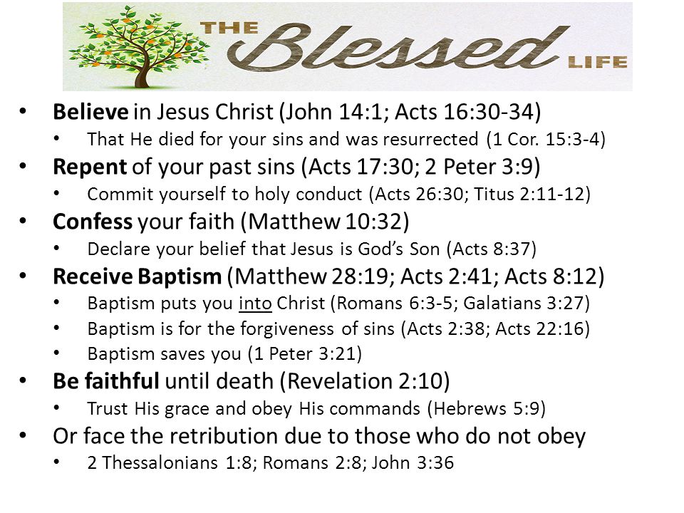 Believe in Jesus Christ (John 14:1; Acts 16:30-34) That He died for your sins and was resurrected (1 Cor.