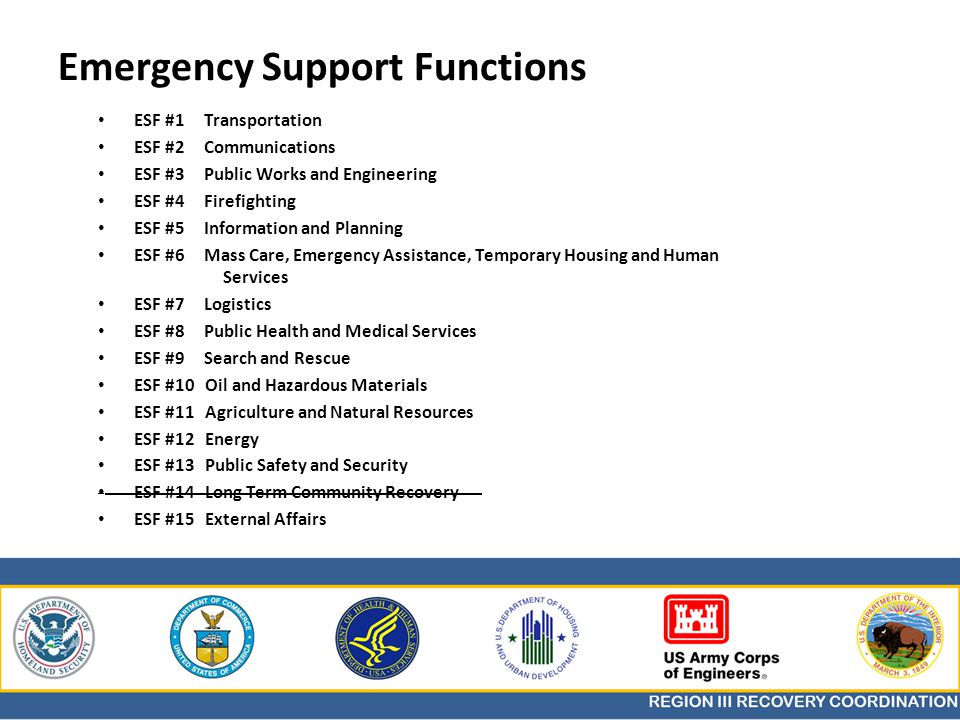 Emergency Support Functions ESF #1 Transportation ESF #2 Communications ESF #3 Public Works and Engineering ESF #4 Firefighting ESF #5 Information and Planning ESF #6 Mass Care, Emergency Assistance, Temporary Housing and Human Services ESF #7 Logistics ESF #8 Public Health and Medical Services ESF #9 Search and Rescue ESF #10 Oil and Hazardous Materials ESF #11 Agriculture and Natural Resources ESF #12 Energy ESF #13 Public Safety and Security ESF #14 Long Term Community Recovery ESF #15 External Affairs