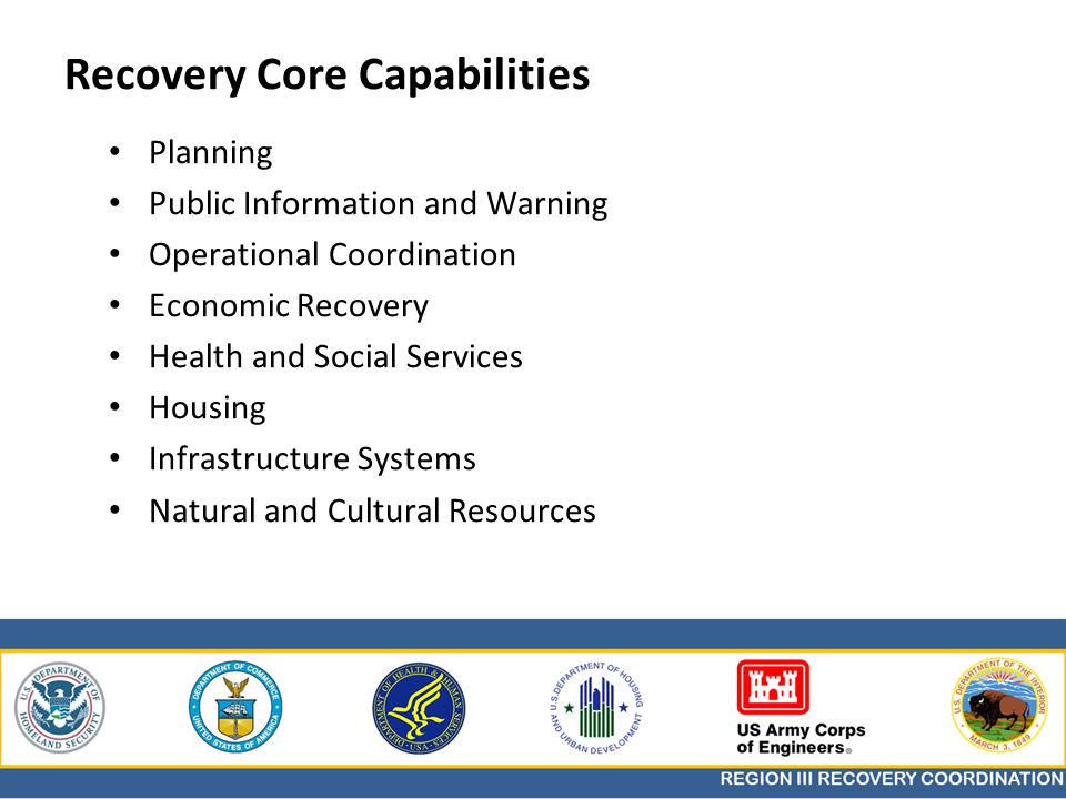 Recovery Core Capabilities Planning Public Information and Warning Operational Coordination Economic Recovery Health and Social Services Housing Infrastructure Systems Natural and Cultural Resources