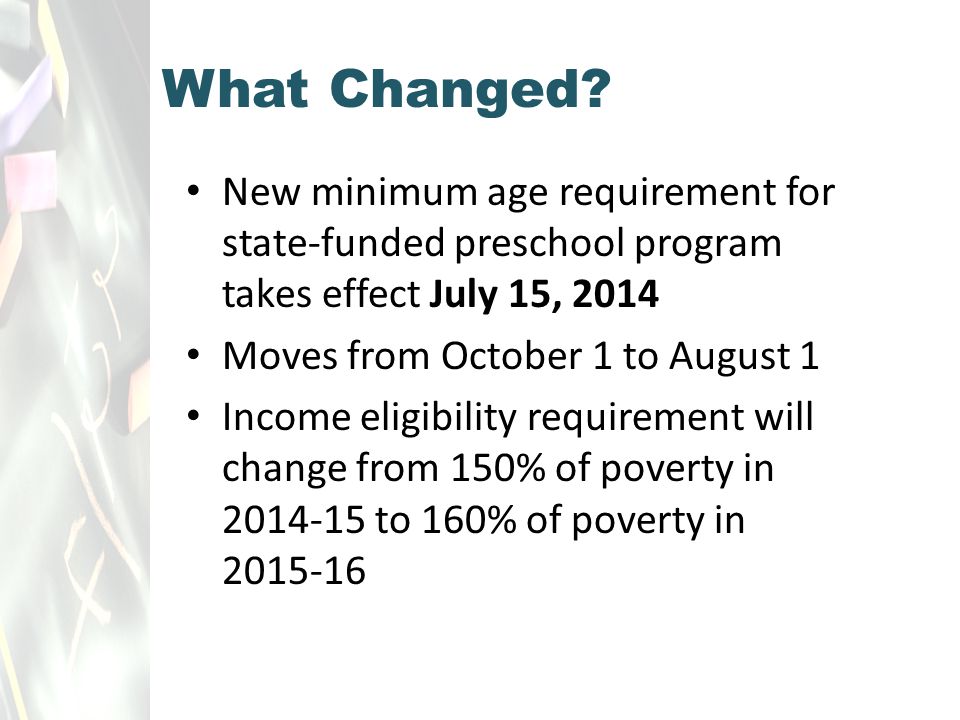 New minimum age requirement for state-funded preschool program takes effect July 15, 2014 Moves from October 1 to August 1 Income eligibility requirement will change from 150% of poverty in to 160% of poverty in What Changed