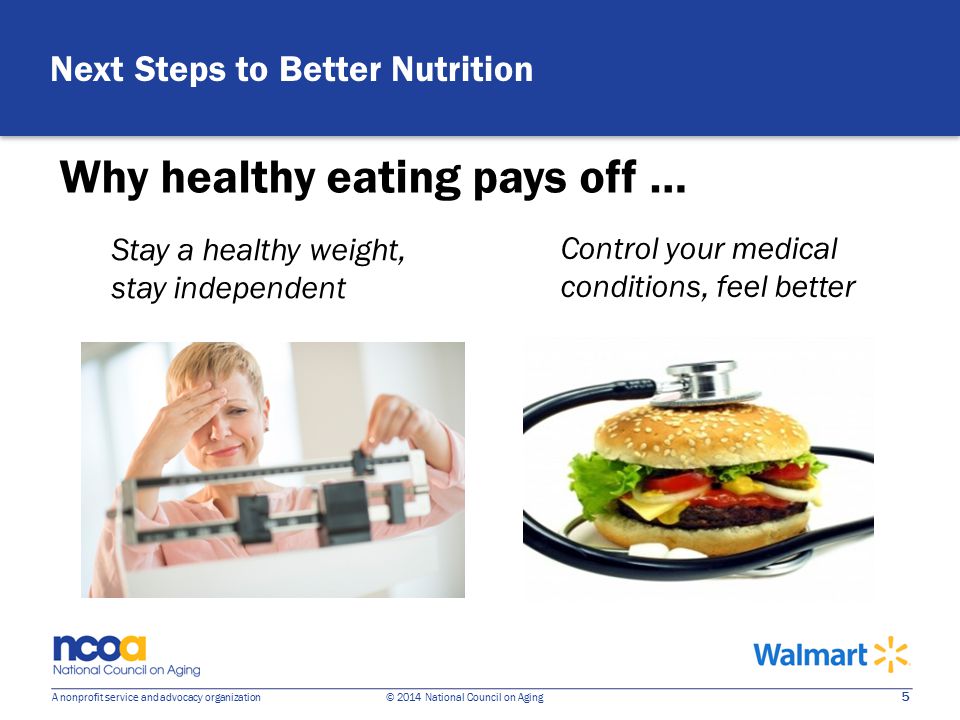 5 A nonprofit service and advocacy organization © 2014 National Council on Aging Why healthy eating pays off … Stay a healthy weight, stay independent Control your medical conditions, feel better Next Steps to Better Nutrition