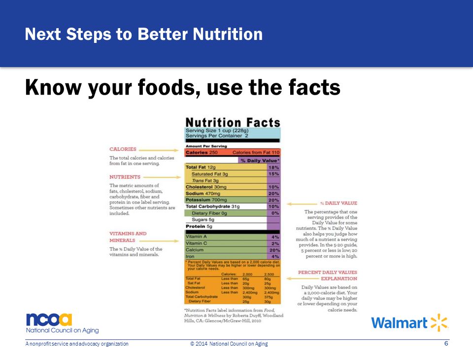 6 A nonprofit service and advocacy organization © 2014 National Council on Aging Know your foods, use the facts Next Steps to Better Nutrition