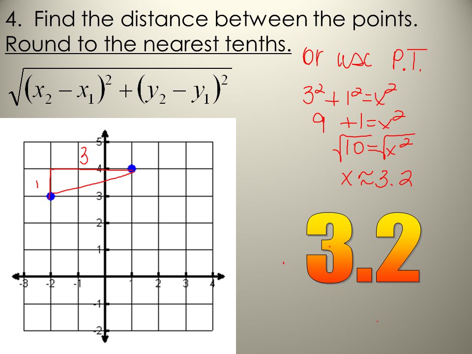 4. Find the distance between the points. Round to the nearest tenths.