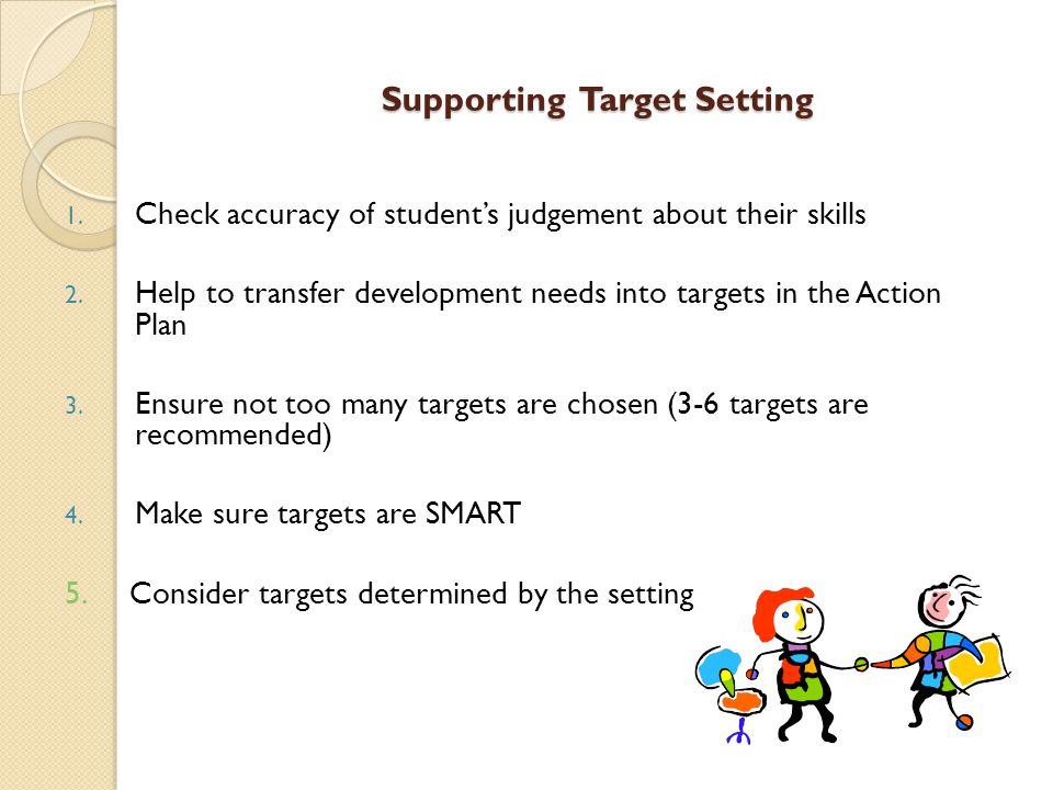 Supporting Target Setting 1. Check accuracy of student’s judgement about their skills 2.