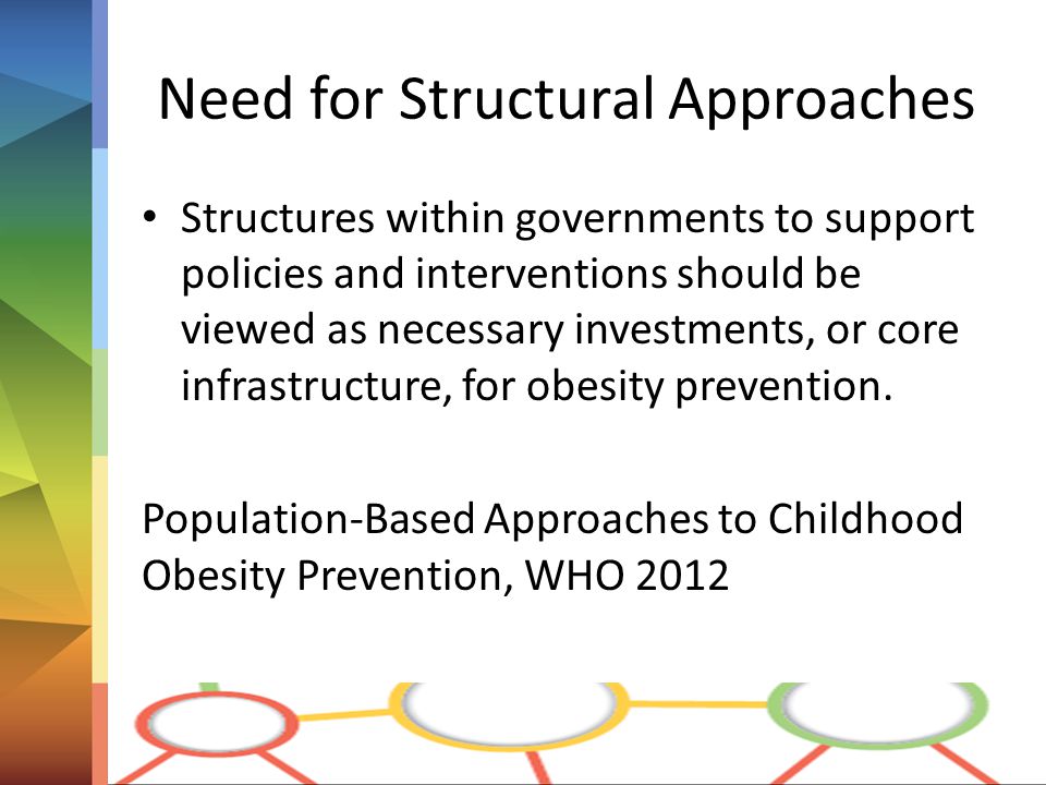 Need for Structural Approaches Structures within governments to support policies and interventions should be viewed as necessary investments, or core infrastructure, for obesity prevention.
