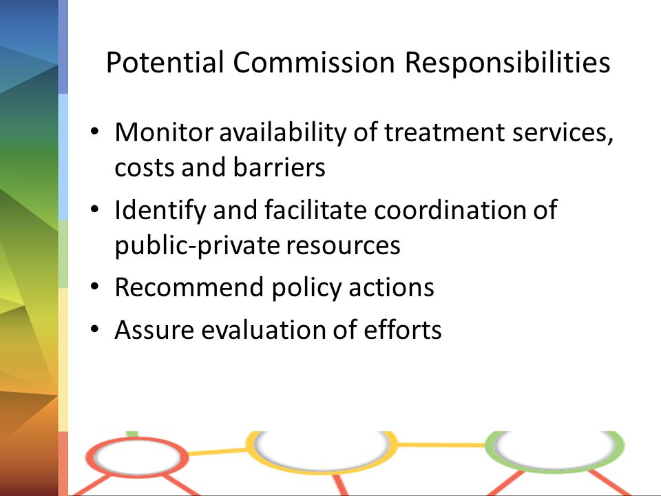 Potential Commission Responsibilities Monitor availability of treatment services, costs and barriers Identify and facilitate coordination of public-private resources Recommend policy actions Assure evaluation of efforts