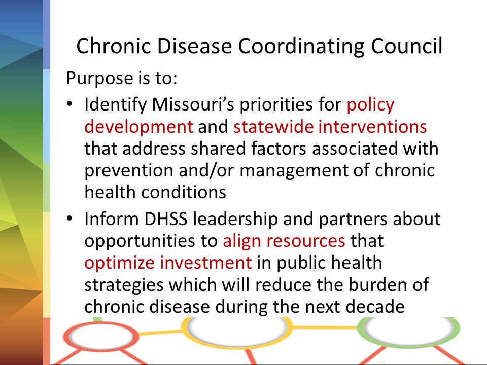 Chronic Disease Coordinating Council Purpose is to: Identify Missouri’s priorities for policy development and statewide interventions that address shared factors associated with prevention and/or management of chronic health conditions Inform DHSS leadership and partners about opportunities to align resources that optimize investment in public health strategies which will reduce the burden of chronic disease during the next decade