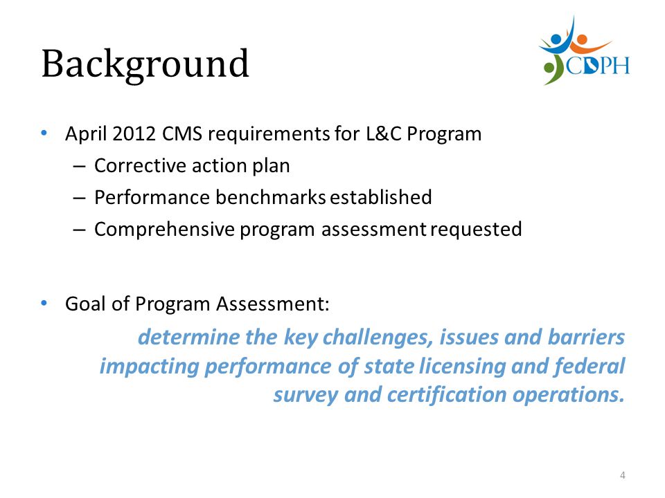 Background April 2012 CMS requirements for L&C Program – Corrective action plan – Performance benchmarks established – Comprehensive program assessment requested Goal of Program Assessment: determine the key challenges, issues and barriers impacting performance of state licensing and federal survey and certification operations.