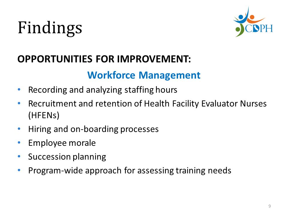 Findings OPPORTUNITIES FOR IMPROVEMENT: Workforce Management Recording and analyzing staffing hours Recruitment and retention of Health Facility Evaluator Nurses (HFENs) Hiring and on-boarding processes Employee morale Succession planning Program-wide approach for assessing training needs 9