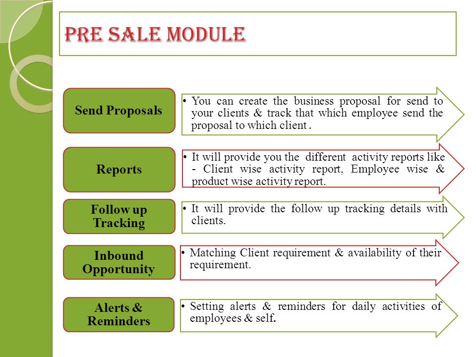 Pre Sale Module You can create the business proposal for send to your clients & track that which employee send the proposal to which client.