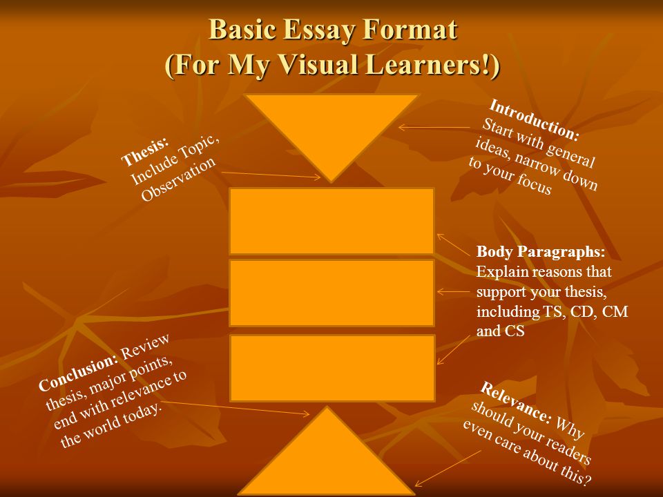 Basic Essay Format (For My Visual Learners!) Introduction: Start with general ideas, narrow down to your focus Thesis: Include Topic, Observation Body Paragraphs: Explain reasons that support your thesis, including TS, CD, CM and CS Conclusion: Review thesis, major points, end with relevance to the world today.
