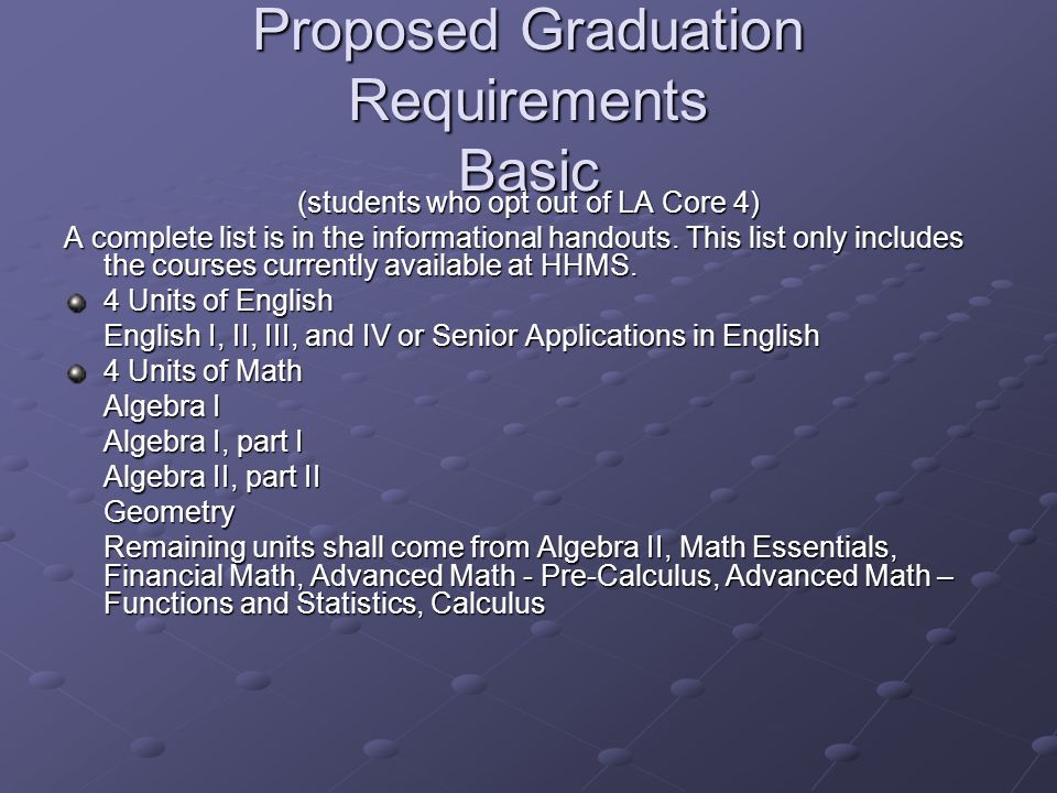 Proposed Graduation Requirements Basic (students who opt out of LA Core 4) A complete list is in the informational handouts.