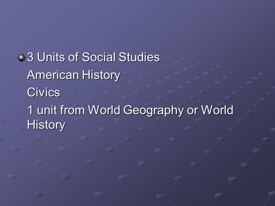 3 Units of Social Studies American History Civics 1 unit from World Geography or World History
