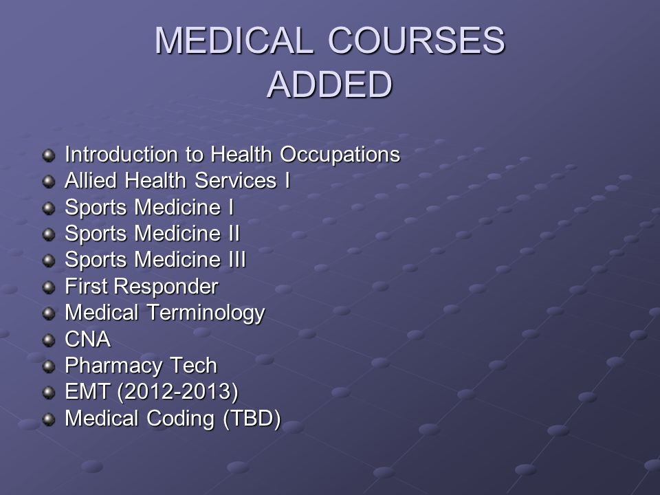 MEDICAL COURSES ADDED Introduction to Health Occupations Allied Health Services I Sports Medicine I Sports Medicine II Sports Medicine III First Responder Medical Terminology CNA Pharmacy Tech EMT ( ) Medical Coding (TBD)