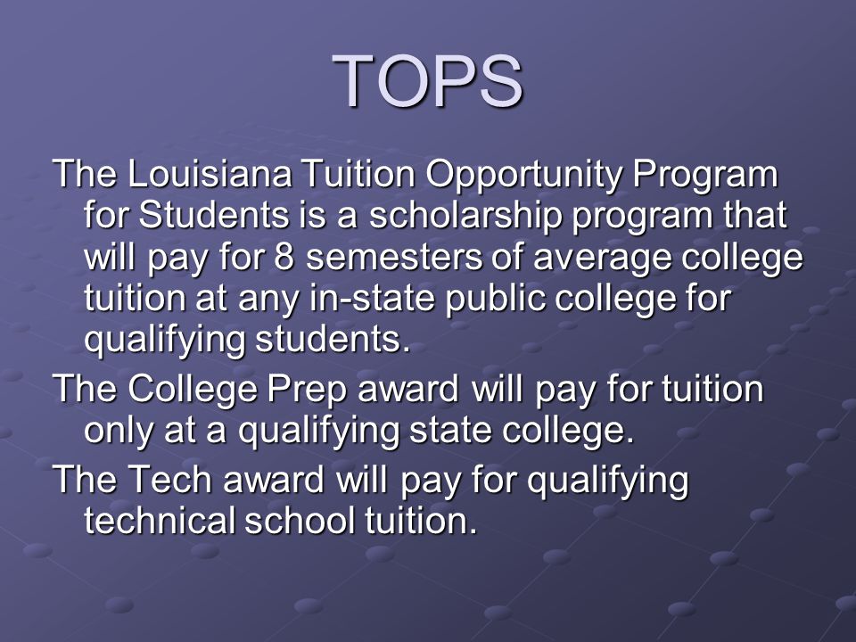 TOPS The Louisiana Tuition Opportunity Program for Students is a scholarship program that will pay for 8 semesters of average college tuition at any in-state public college for qualifying students.