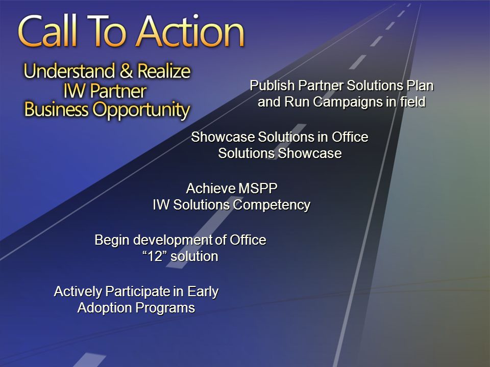 Achieve MSPP IW Solutions Competency Showcase Solutions in Office Solutions Showcase Publish Partner Solutions Plan and Run Campaigns in field Begin development of Office 12 solution Actively Participate in Early Adoption Programs
