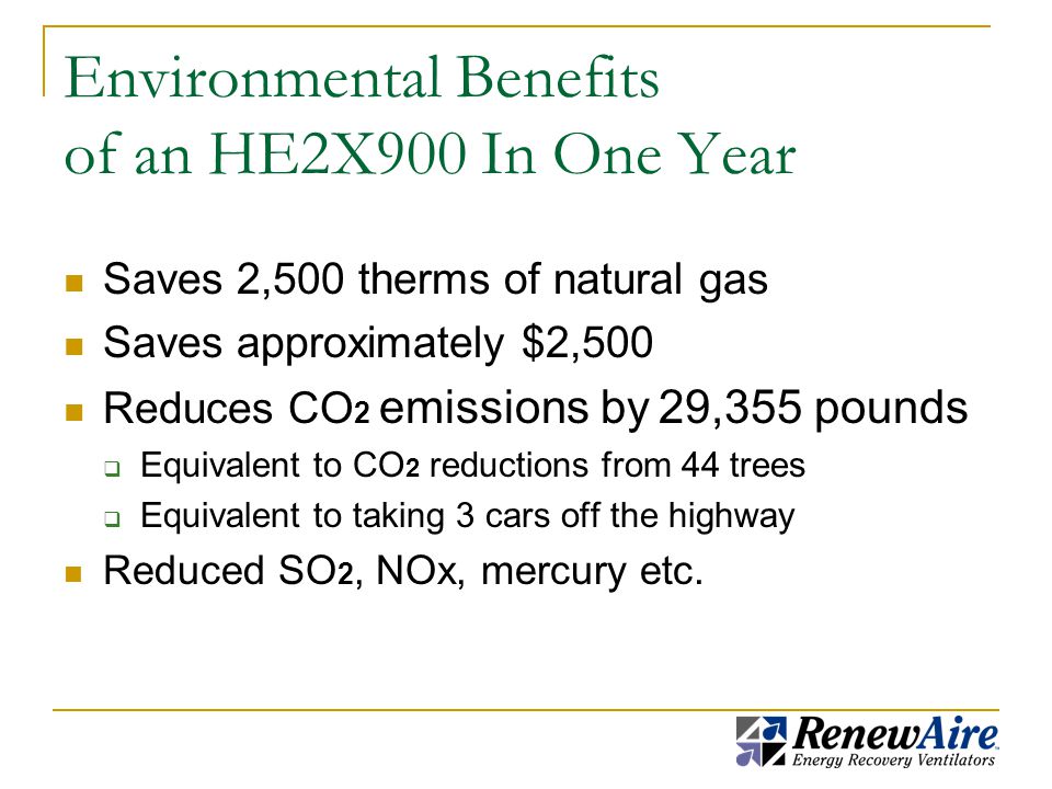 Environmental Benefits of an HE2X900 In One Year Saves 2,500 therms of natural gas Saves approximately $2,500 Reduces CO 2 emissions by 29,355 pounds  Equivalent to CO 2 reductions from 44 trees  Equivalent to taking 3 cars off the highway Reduced SO 2, NOx, mercury etc.