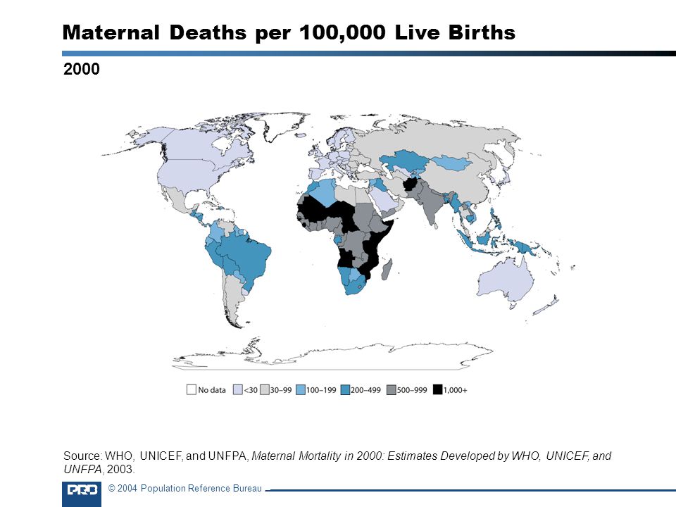 © 2004 Population Reference Bureau 2000 Maternal Deaths per 100,000 Live Births Source: WHO, UNICEF, and UNFPA, Maternal Mortality in 2000: Estimates Developed by WHO, UNICEF, and UNFPA, 2003.
