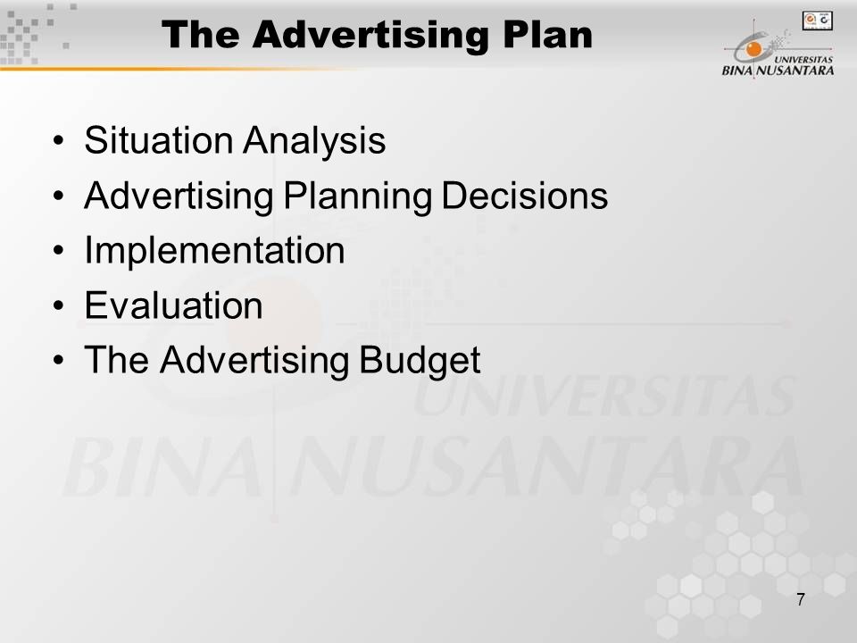 7 The Advertising Plan Situation Analysis Advertising Planning Decisions Implementation Evaluation The Advertising Budget