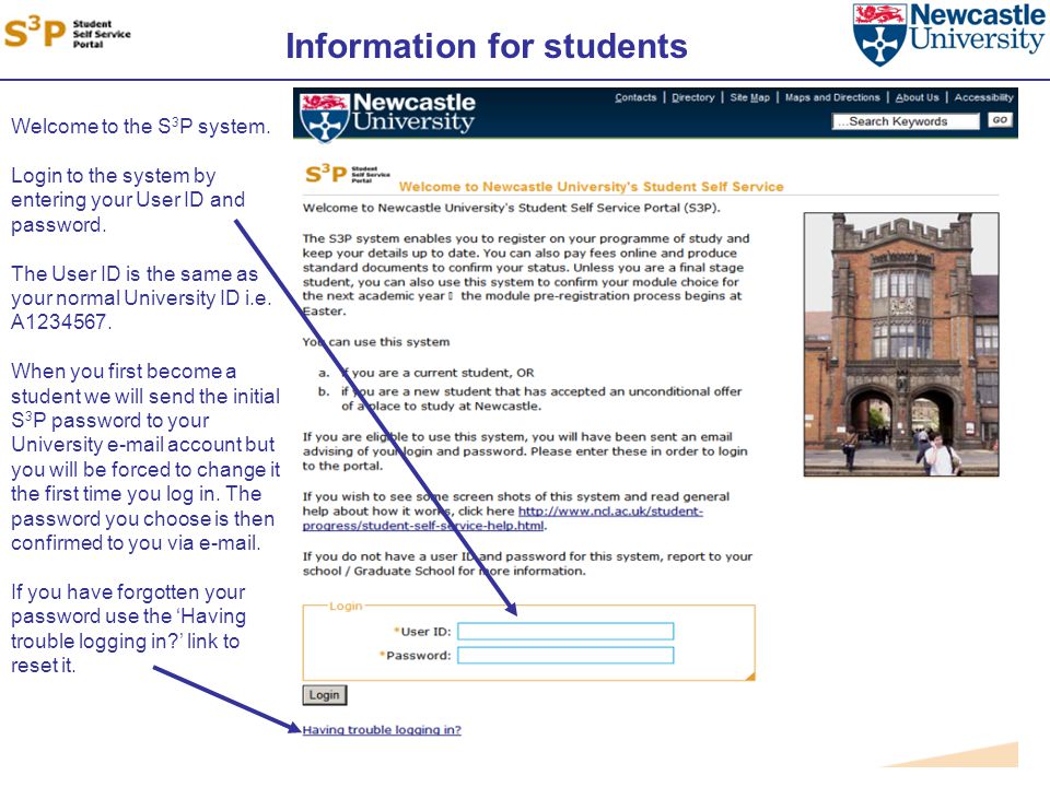 Information for students Welcome to the S 3 P system.
