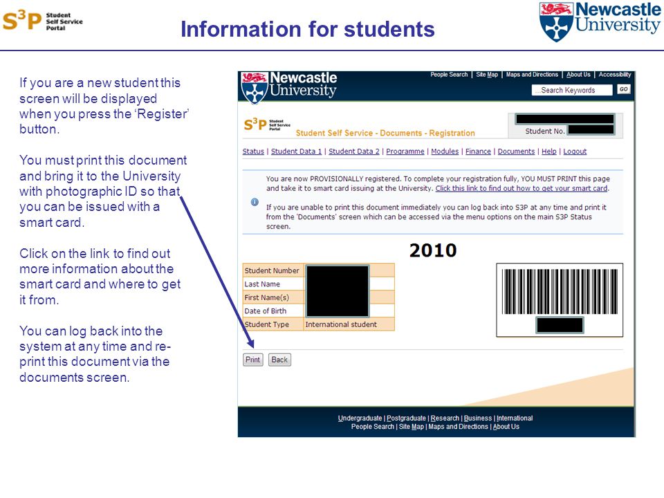 Information for students If you are a new student this screen will be displayed when you press the ‘Register’ button.