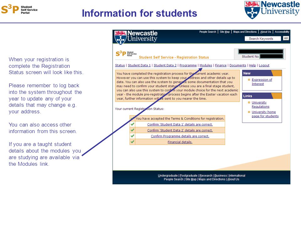 Information for students When your registration is complete the Registration Status screen will look like this.