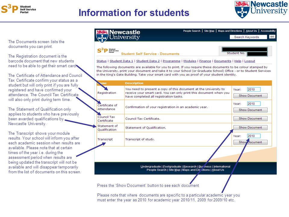Information for students The Documents screen lists the documents you can print.