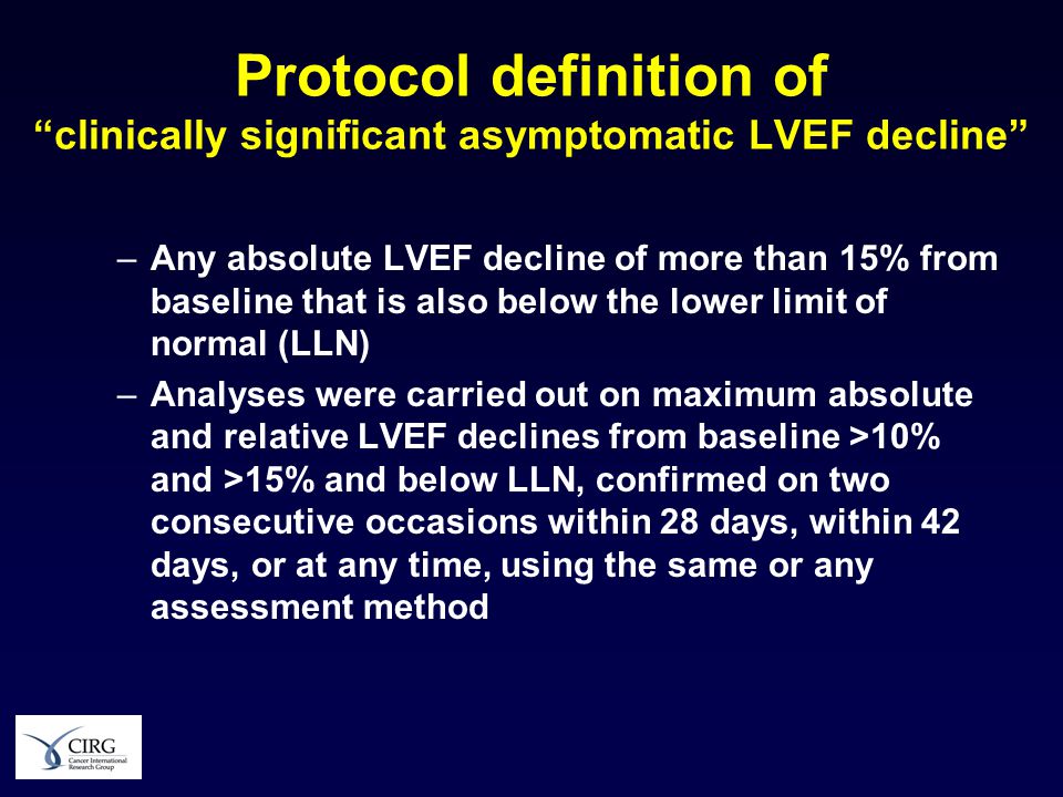 Protocol definition of clinically significant asymptomatic LVEF decline –Any absolute LVEF decline of more than 15% from baseline that is also below the lower limit of normal (LLN) –Analyses were carried out on maximum absolute and relative LVEF declines from baseline >10% and >15% and below LLN, confirmed on two consecutive occasions within 28 days, within 42 days, or at any time, using the same or any assessment method