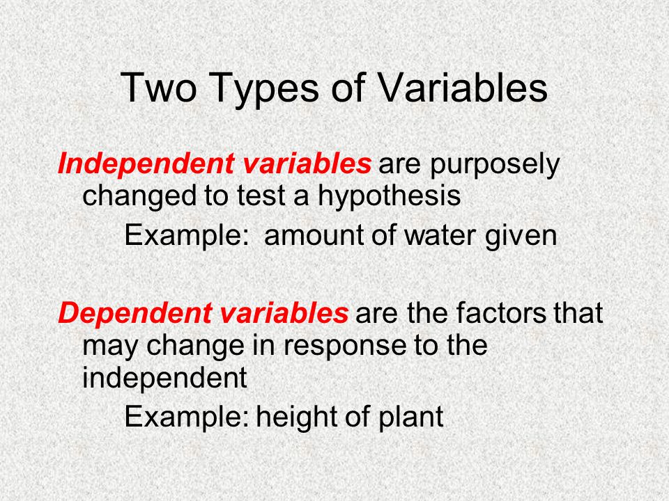 Two Types of Variables Independent variables are purposely changed to test a hypothesis Example: amount of water given Dependent variables are the factors that may change in response to the independent Example: height of plant