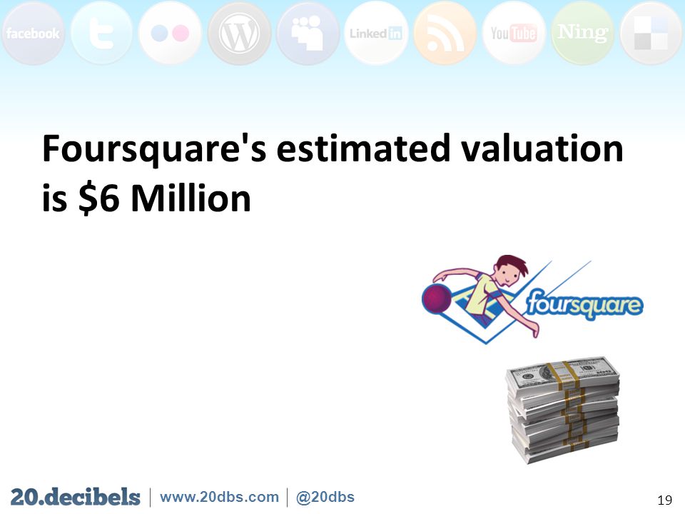 Foursquare s estimated valuation is $6 Million 19