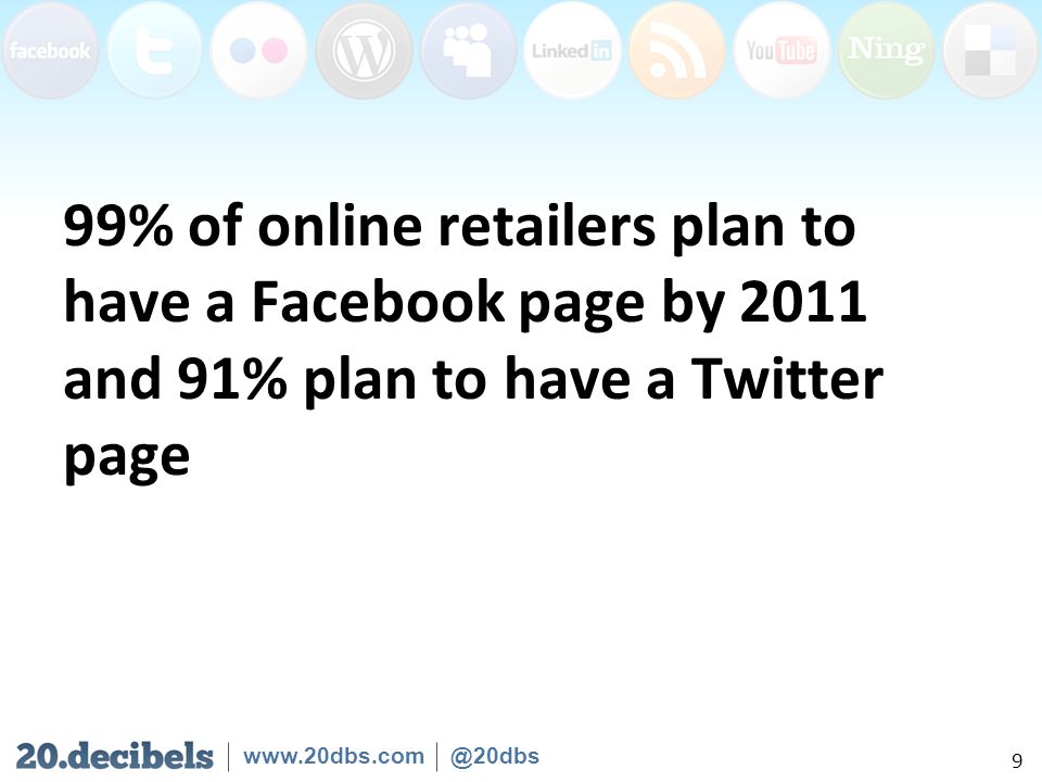99% of online retailers plan to have a Facebook page by 2011 and 91% plan to have a Twitter page 9