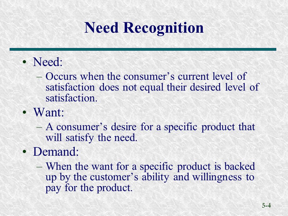 5-4 Need Recognition Need: –Occurs when the consumer’s current level of satisfaction does not equal their desired level of satisfaction.