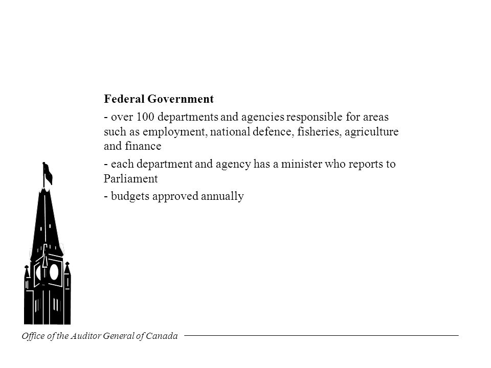 Office of the Auditor General of Canada Federal Government - over 100 departments and agencies responsible for areas such as employment, national defence, fisheries, agriculture and finance - each department and agency has a minister who reports to Parliament - budgets approved annually