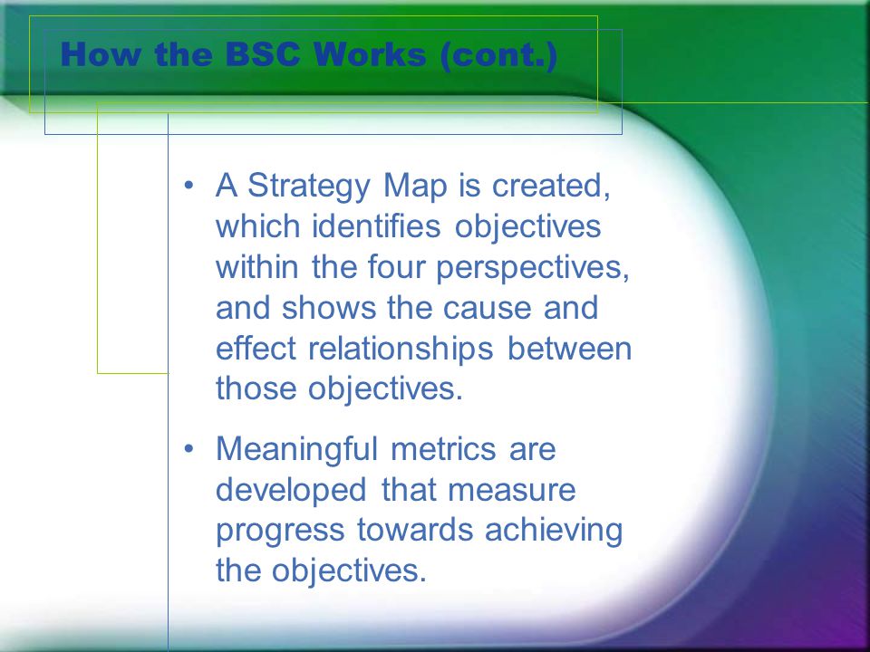 How the BSC Works (cont.) A Strategy Map is created, which identifies objectives within the four perspectives, and shows the cause and effect relationships between those objectives.