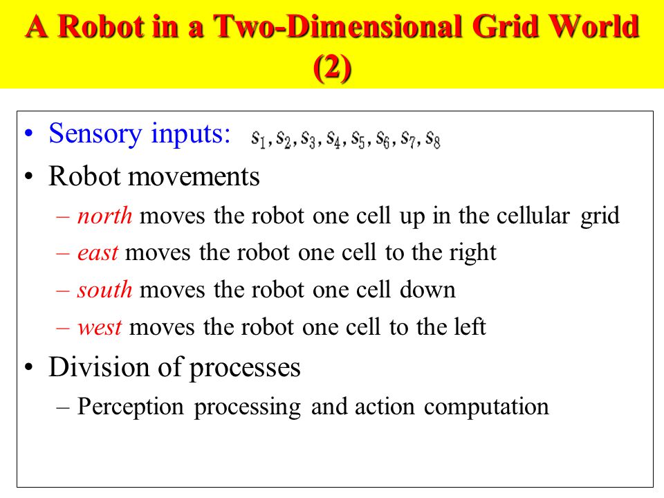 A Robot in a Two-Dimensional Grid World (2) Sensory inputs: Robot movements –north moves the robot one cell up in the cellular grid –east moves the robot one cell to the right –south moves the robot one cell down –west moves the robot one cell to the left Division of processes –Perception processing and action computation