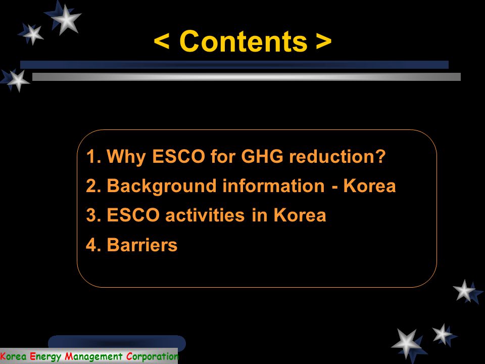 Workshop on Climate Change Issues jointly organized by KEMCO, NREL and CONAE 1 st December, 2003, Milan, Italy Role of ESCOs in reducing GHG emission in Korea Gyung-Ae Ha Center for Climate Change Mitigation Projects Korea Energy Management Corporation (KEMCO)