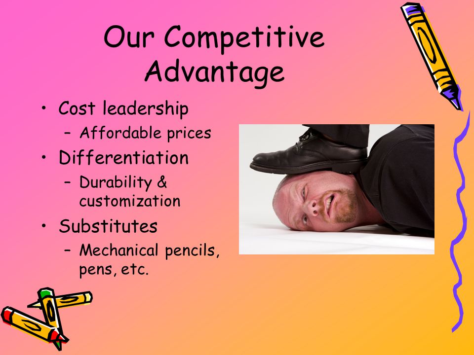 Our Competitive Advantage Cost leadership –Affordable prices Differentiation –Durability & customization Substitutes –Mechanical pencils, pens, etc.