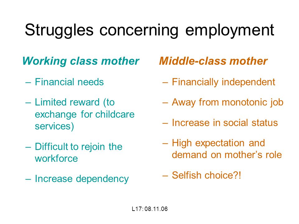 L17: Struggles concerning employment Working class mother –Financial needs –Limited reward (to exchange for childcare services) –Difficult to rejoin the workforce –Increase dependency Middle-class mother –Financially independent –Away from monotonic job –Increase in social status –High expectation and demand on mother’s role –Selfish choice !