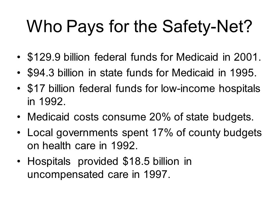 Who Pays for the Safety-Net. $129.9 billion federal funds for Medicaid in