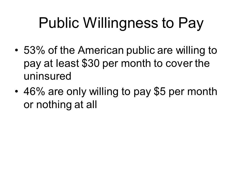 Public Willingness to Pay 53% of the American public are willing to pay at least $30 per month to cover the uninsured 46% are only willing to pay $5 per month or nothing at all