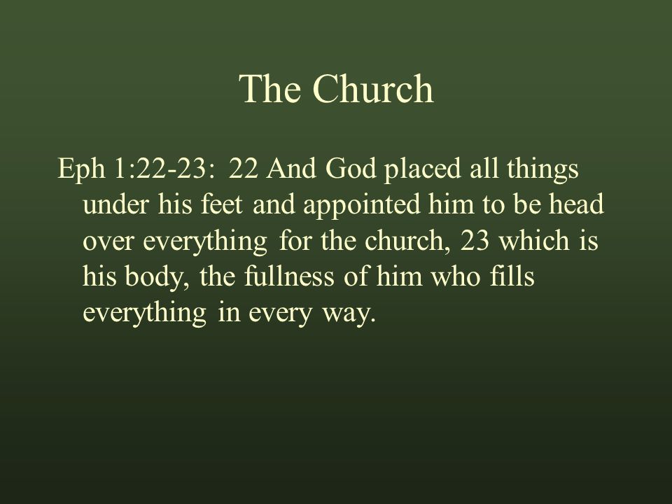 The Church Eph 1:22-23: 22 And God placed all things under his feet and appointed him to be head over everything for the church, 23 which is his body, the fullness of him who fills everything in every way.