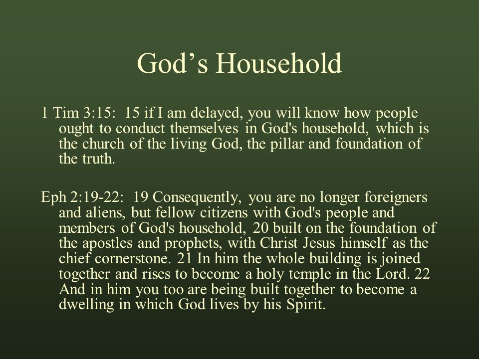 God’s Household 1 Tim 3:15: 15 if I am delayed, you will know how people ought to conduct themselves in God s household, which is the church of the living God, the pillar and foundation of the truth.