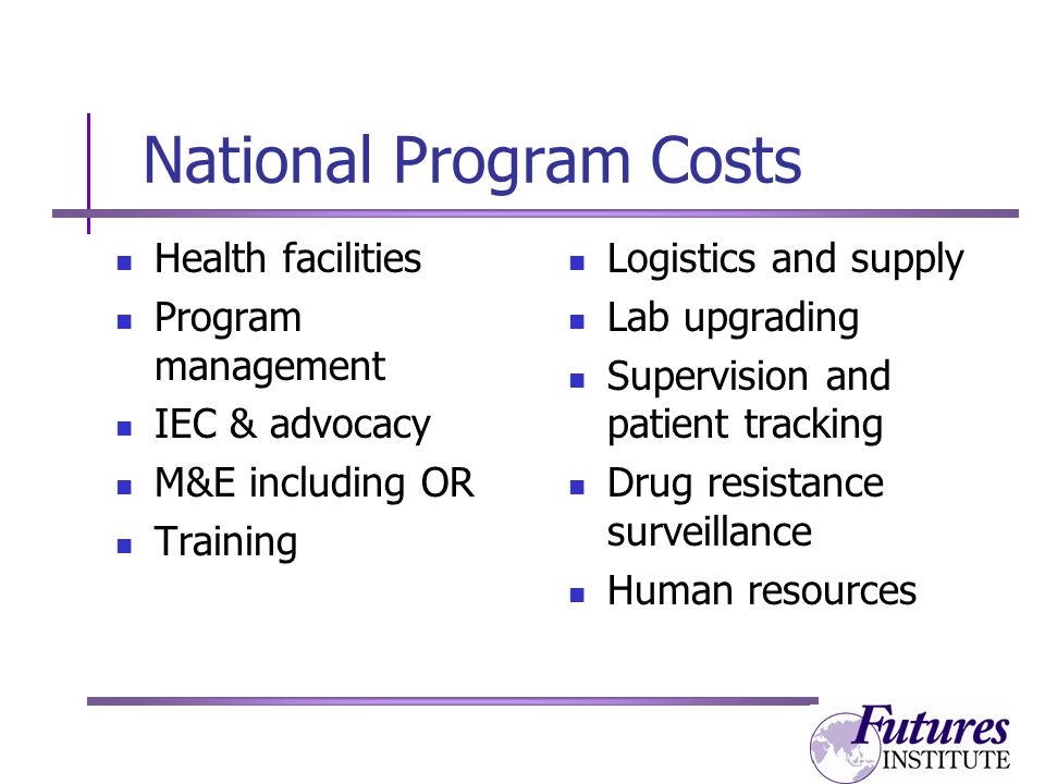 National Program Costs Health facilities Program management IEC & advocacy M&E including OR Training Logistics and supply Lab upgrading Supervision and patient tracking Drug resistance surveillance Human resources