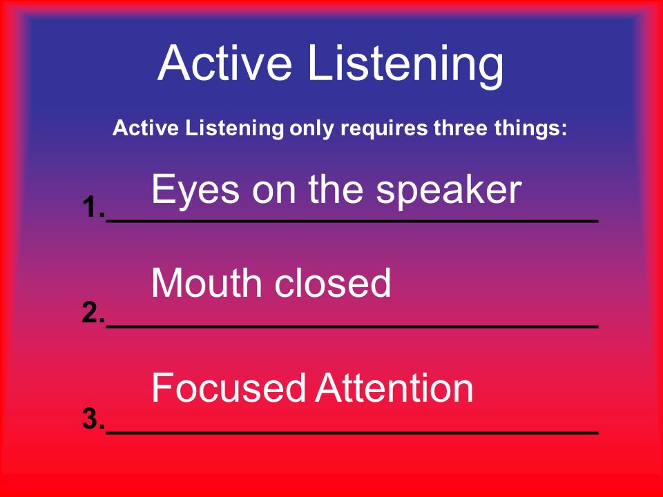 Active Listening only requires three things: 1.______________________________ 2.______________________________ 3.______________________________ Active Listening Eyes on the speaker Mouth closed Focused Attention