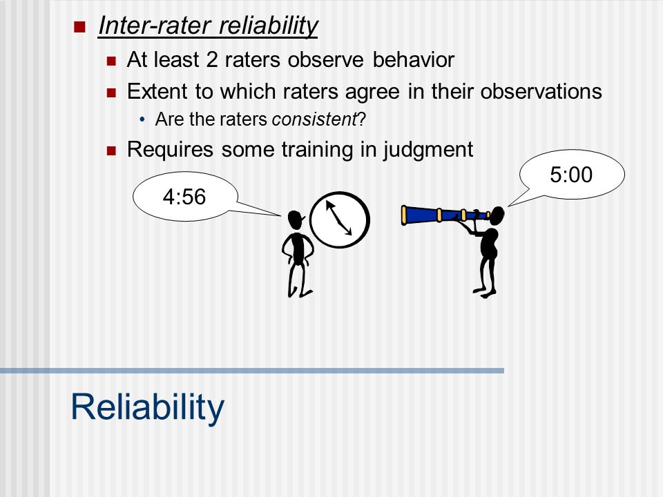 Reliability Internal consistency reliability Multiple items testing the same construct Extent to which scores on the items of a measure correlate with each other Cronbach’s alpha (α) Split-half reliability Correlation of score on one half of the measure with the other half (randomly determined)