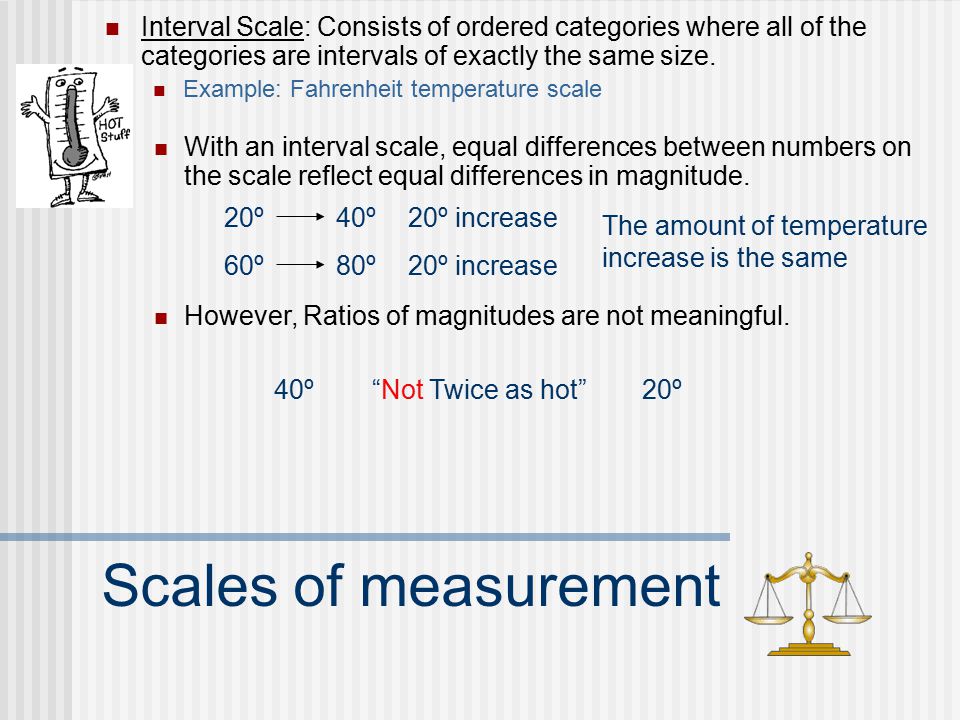Scales of measurement Categorical variables Nominal scale Consists of a set of categories that have different names.