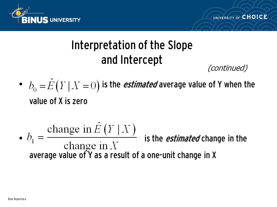 Bina Nusantara Interpretation of the Slope and Intercept estimated is the estimated average value of Y when the value of X is zero estimated is the estimated change in the average value of Y as a result of a one-unit change in X (continued)