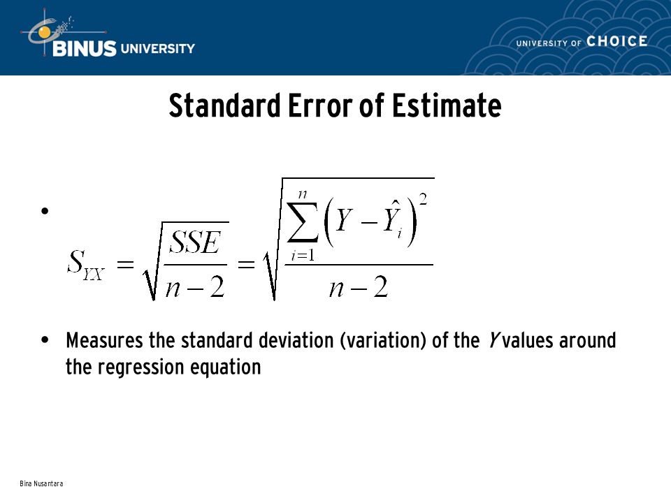 Bina Nusantara Standard Error of Estimate Measures the standard deviation (variation) of the Y values around the regression equation