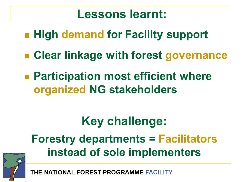 THE NATIONAL FOREST PROGRAMME FACILITY High demand for Facility support Clear linkage with forest governance Participation most efficient where organized NG stakeholders Lessons learnt: Key challenge: Forestry departments = Facilitators instead of sole implementers